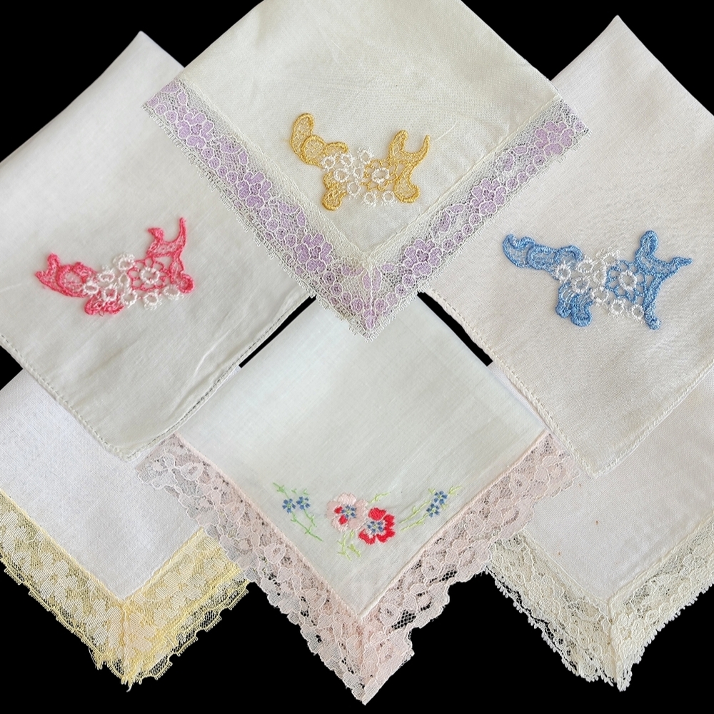 Vintage Handkerchief with Embroidery and Lace Border